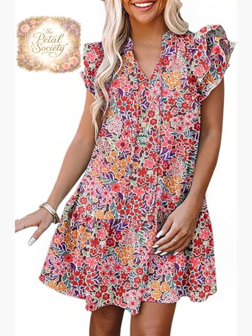 V-Neck Drawstring Ruffle Sleeve Mini Dress with Side Pockets